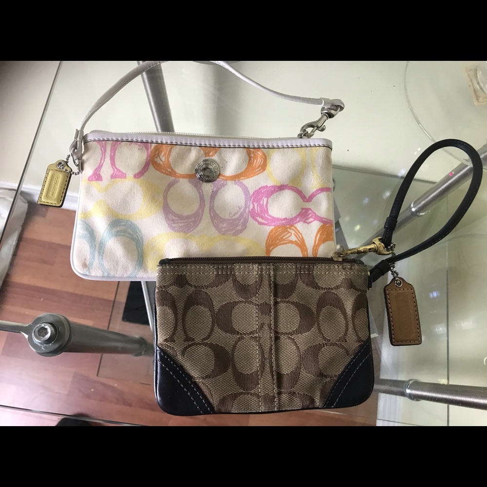 COACH 2 TWO Leather Monogram Wristlet Wallet CC Canvas Logo Zipper Clutch Bag
